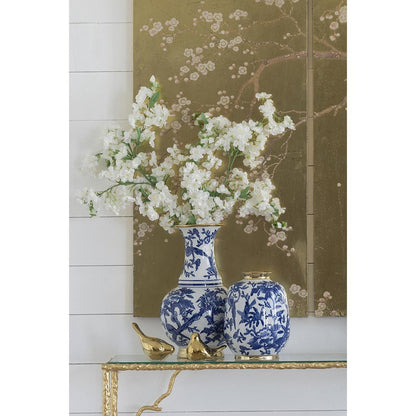 16" Blue White And Gold Chinoiserie Floral Porcelain Table Vase HomeRoots