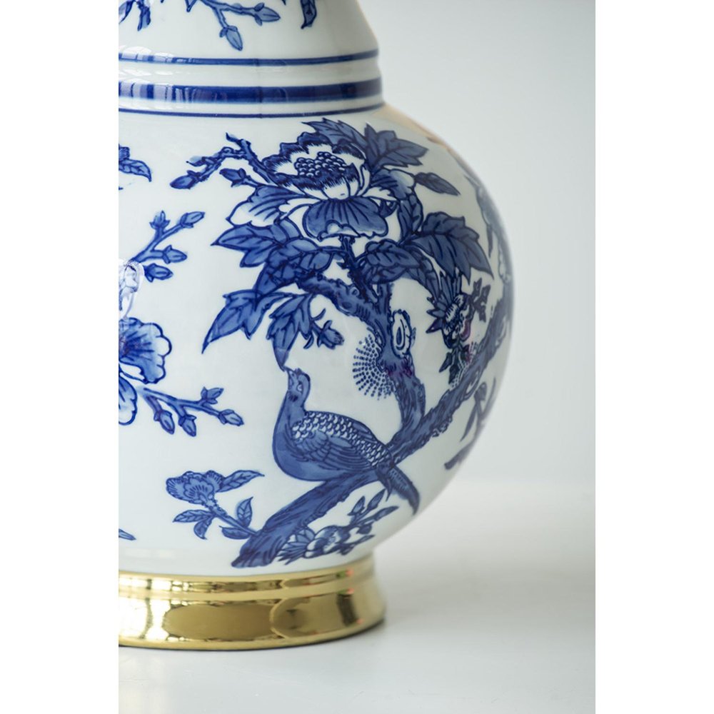 16" Blue White And Gold Chinoiserie Floral Porcelain Table Vase HomeRoots