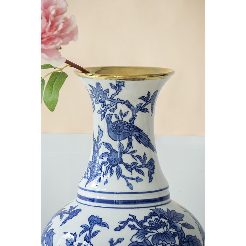 16" Blue White And Gold Chinoiserie Floral Porcelain Table Vase HomeRoots