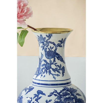 16" Blue White And Gold Chinoiserie Floral Porcelain Table Vase HomeRoots