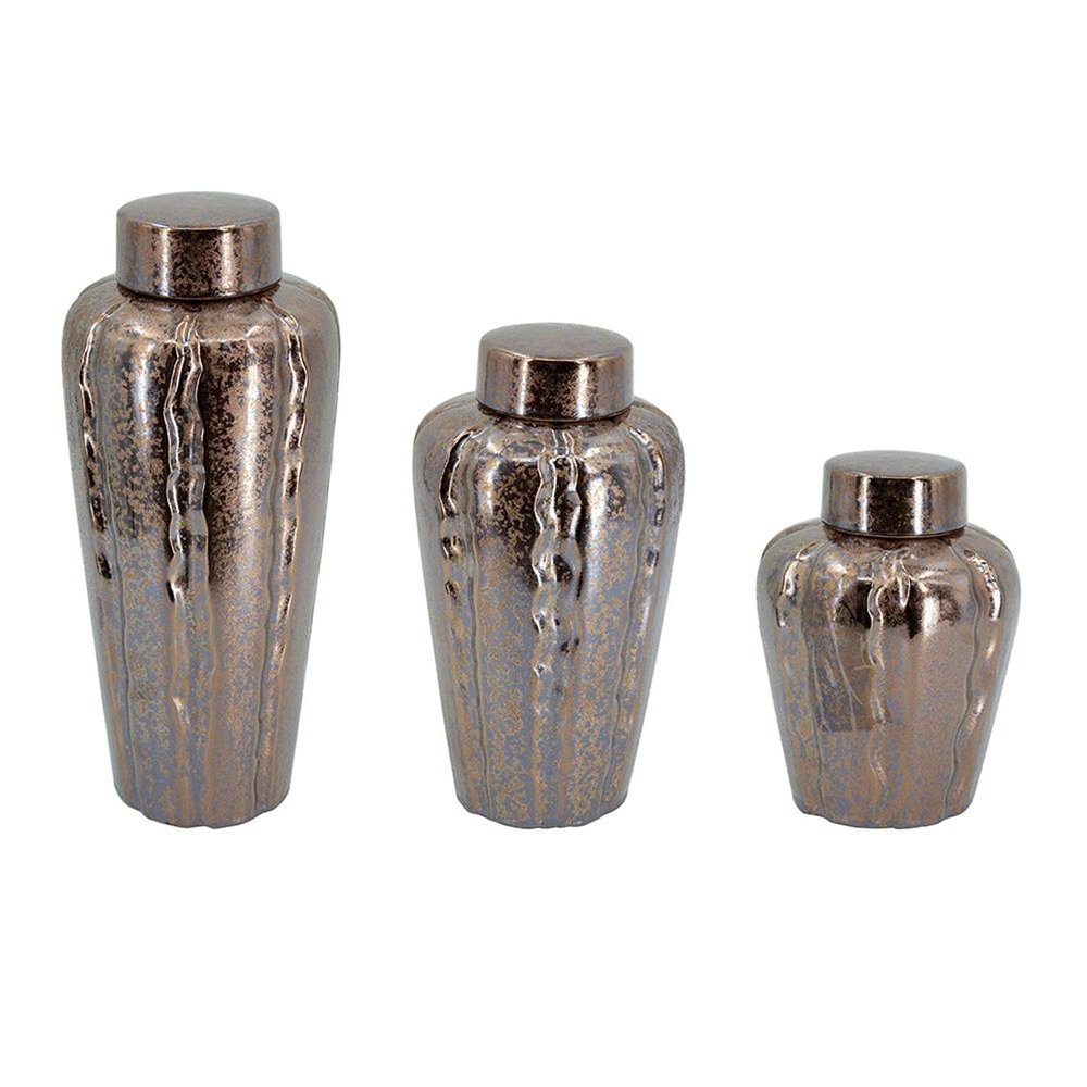 Set of Three Bronze And Silver Ceramic Urn Ginger Jars HomeRoots