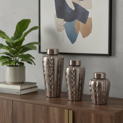 Set of Three Bronze And Silver Ceramic Urn Ginger Jars HomeRoots