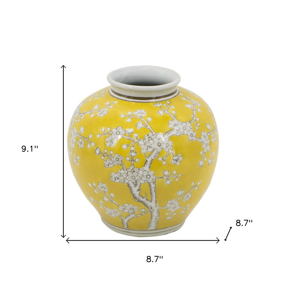 9" Yellow And White Chinoiserie Floral Porcelain Table Vase HomeRoots