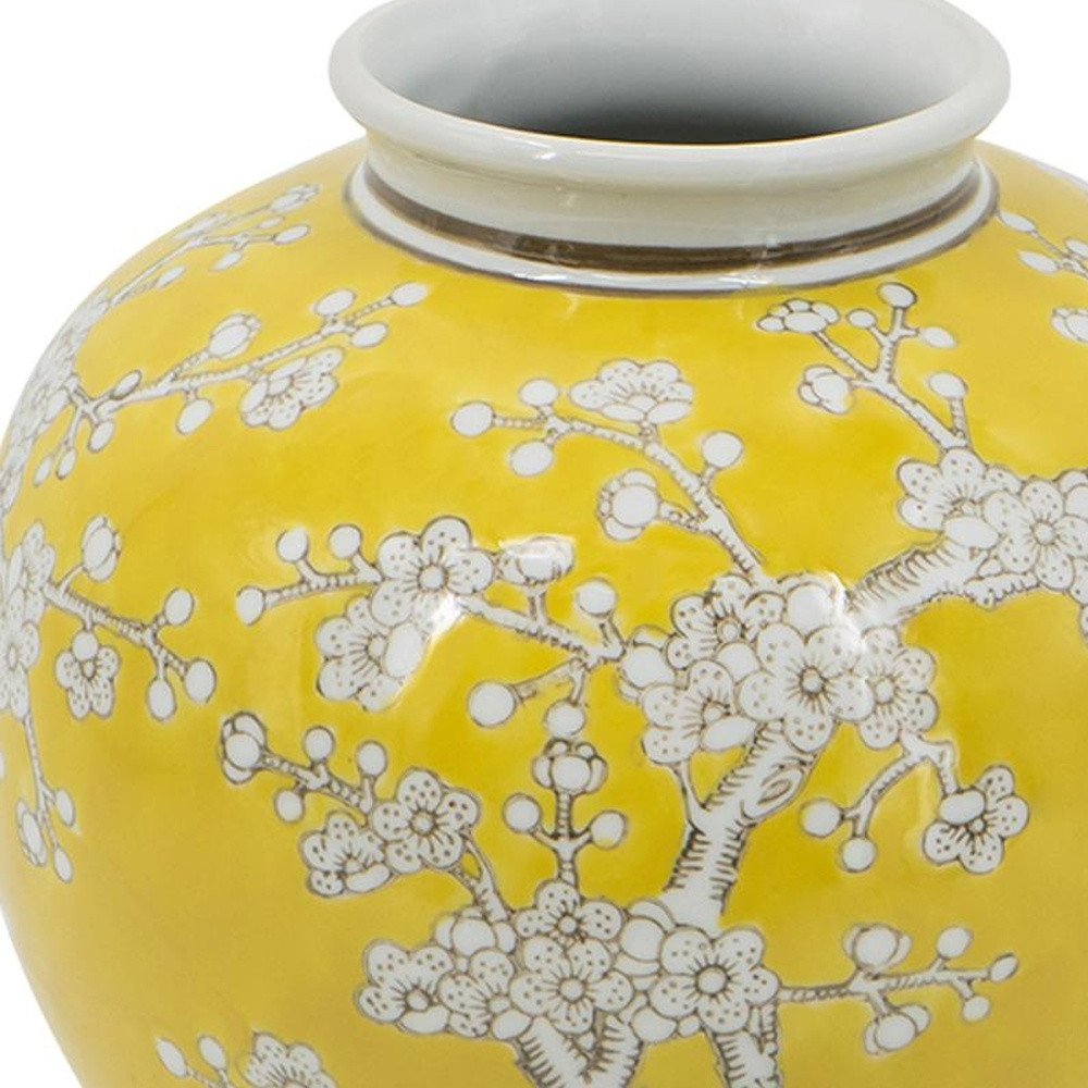 9" Yellow And White Chinoiserie Floral Porcelain Table Vase HomeRoots