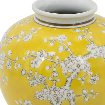 9" Yellow And White Chinoiserie Floral Porcelain Table Vase HomeRoots