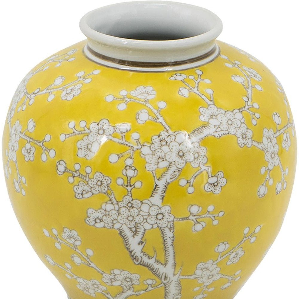 9" Yellow And White Chinoiserie Floral Porcelain Table Vase HomeRoots