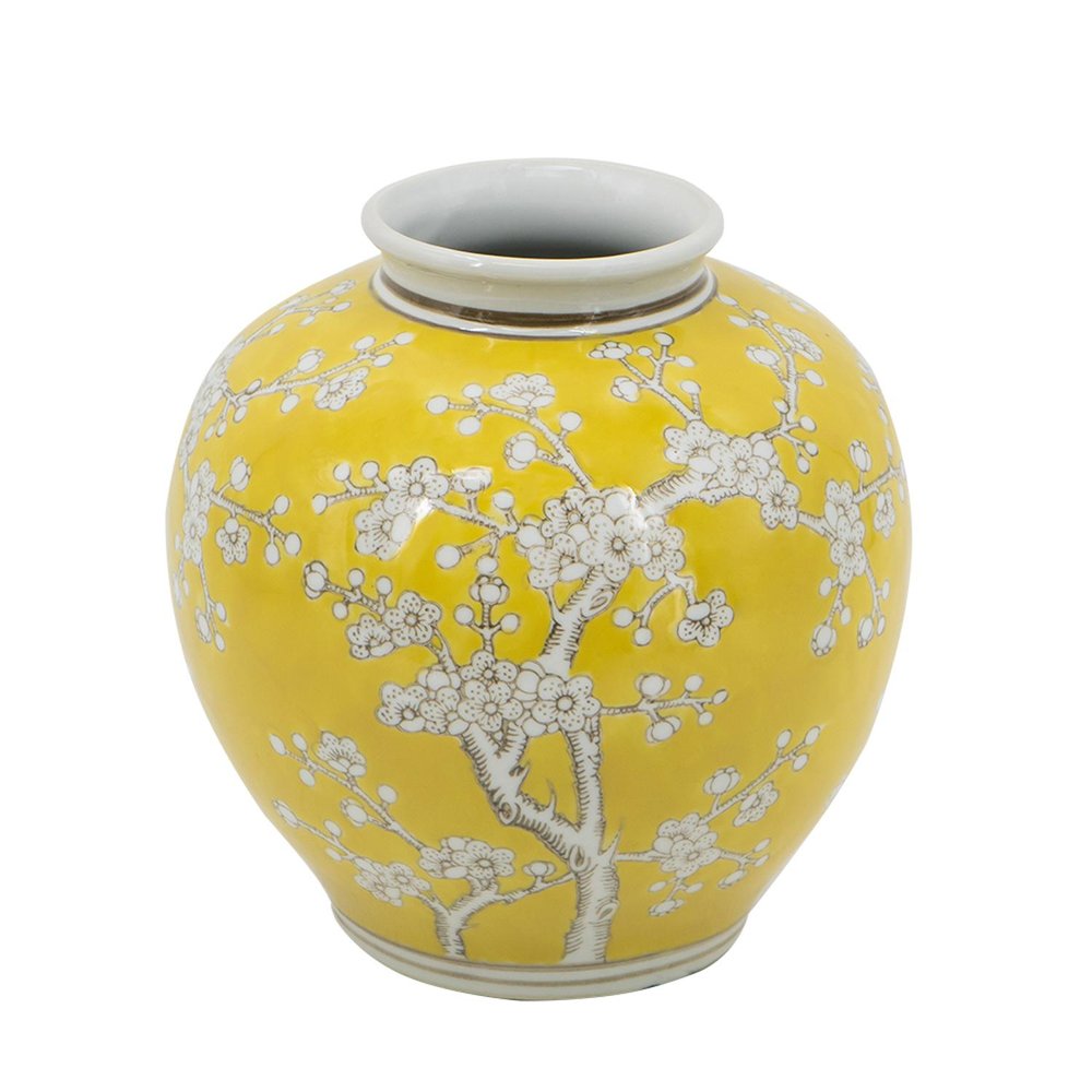 9" Yellow And White Chinoiserie Floral Porcelain Table Vase HomeRoots