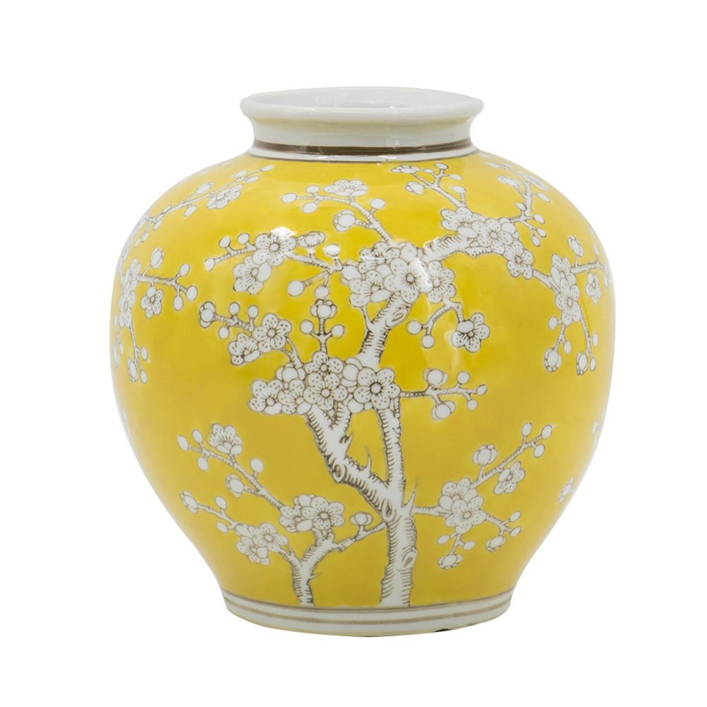 9" Yellow And White Chinoiserie Floral Porcelain Table Vase HomeRoots