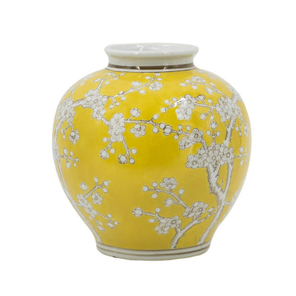 9" Yellow And White Chinoiserie Floral Porcelain Table Vase HomeRoots