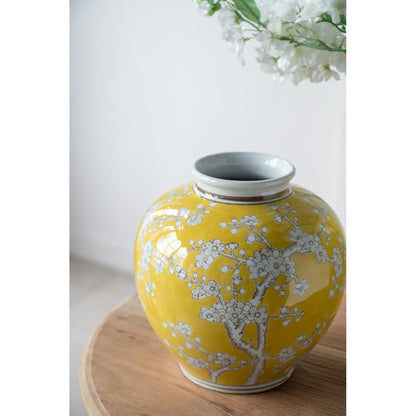 9" Yellow And White Chinoiserie Floral Porcelain Table Vase HomeRoots
