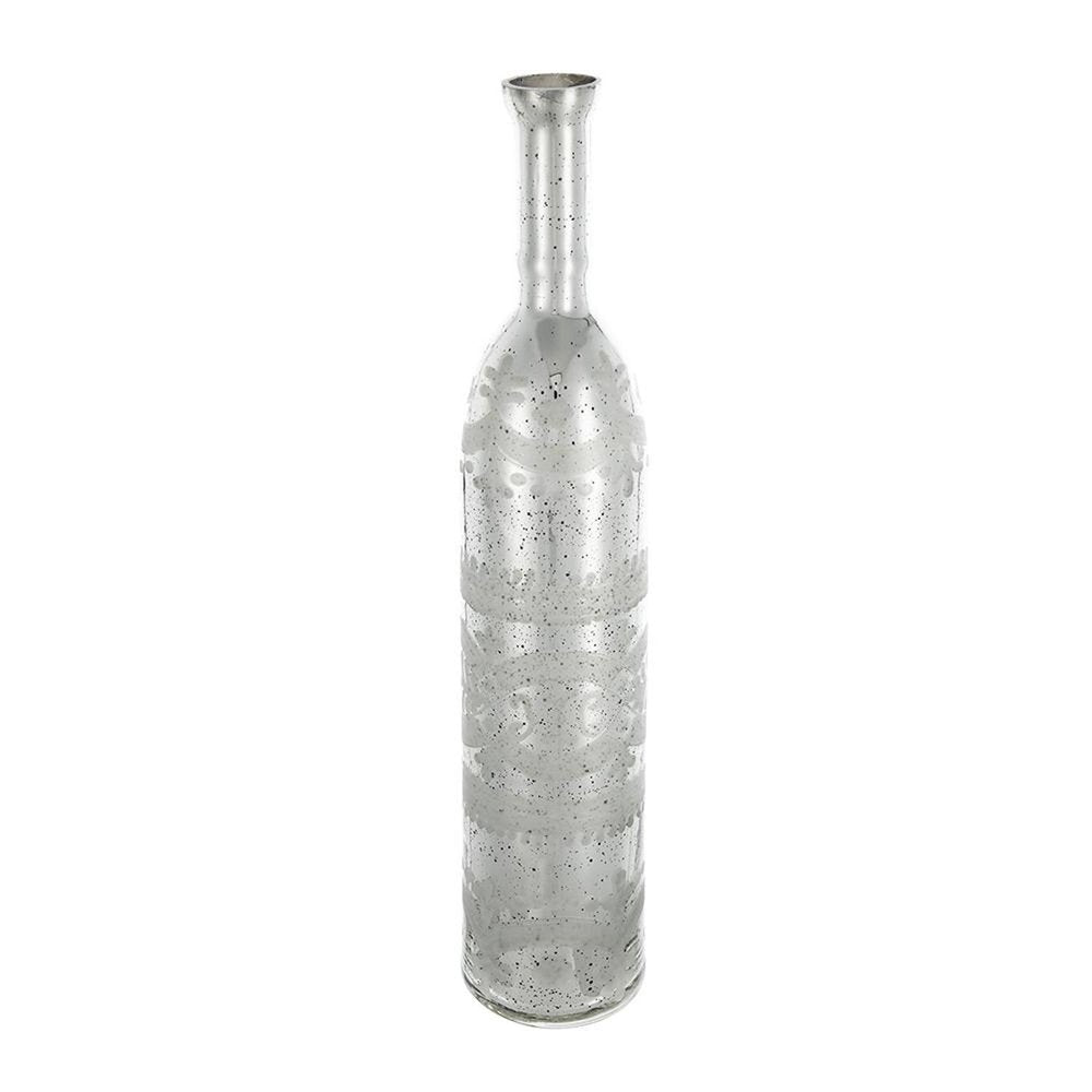 25" Antiqued Silver Floral Glass Bottle Table Vase HomeRoots