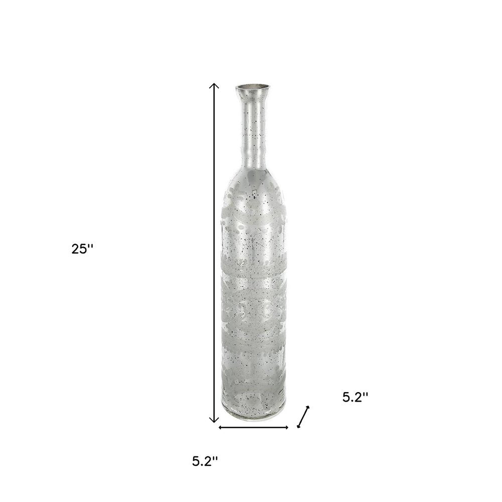 25" Antiqued Silver Floral Glass Bottle Table Vase HomeRoots