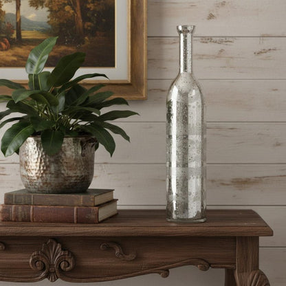 25" Antiqued Silver Floral Glass Bottle Table Vase HomeRoots