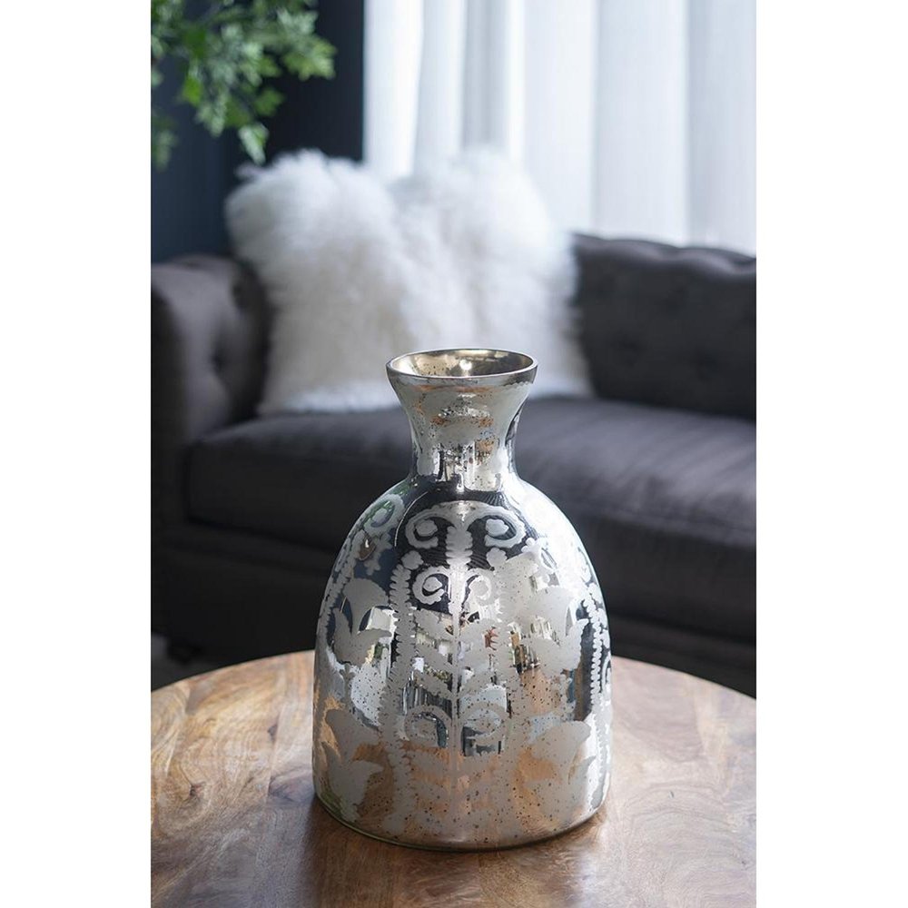 18" Antiqued Silver Floral Glass Table Vase HomeRoots