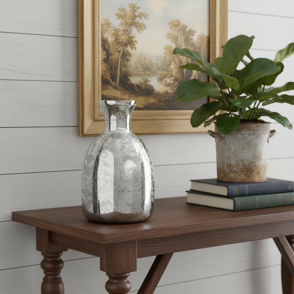 18" Antiqued Silver Floral Glass Table Vase HomeRoots