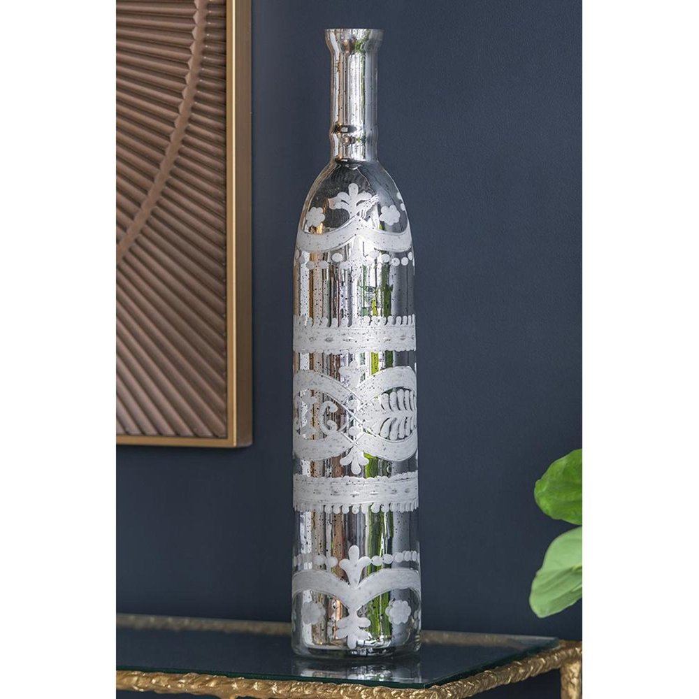 30" Antiqued Silver Floral Glass Bottle Table Vase HomeRoots