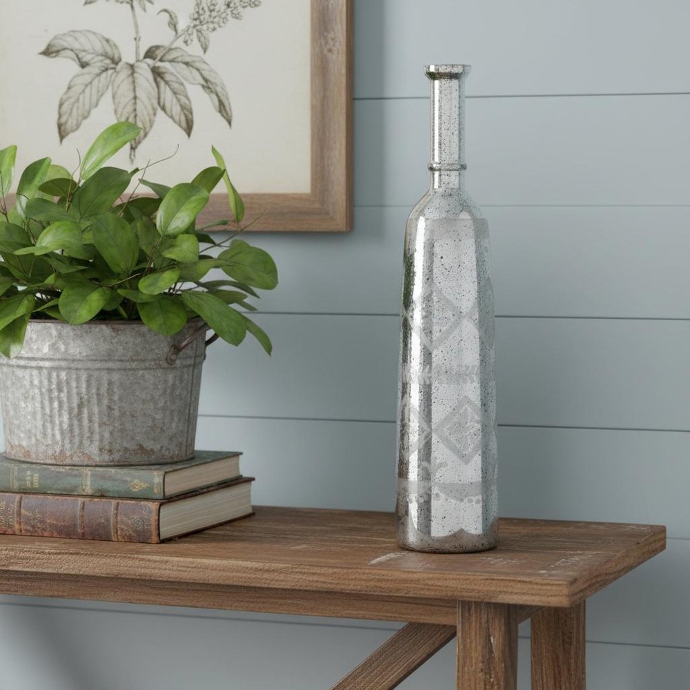 30" Antiqued Silver Floral Glass Bottle Table Vase HomeRoots