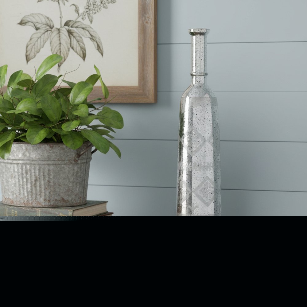 30" Antiqued Silver Floral Glass Bottle Table Vase HomeRoots