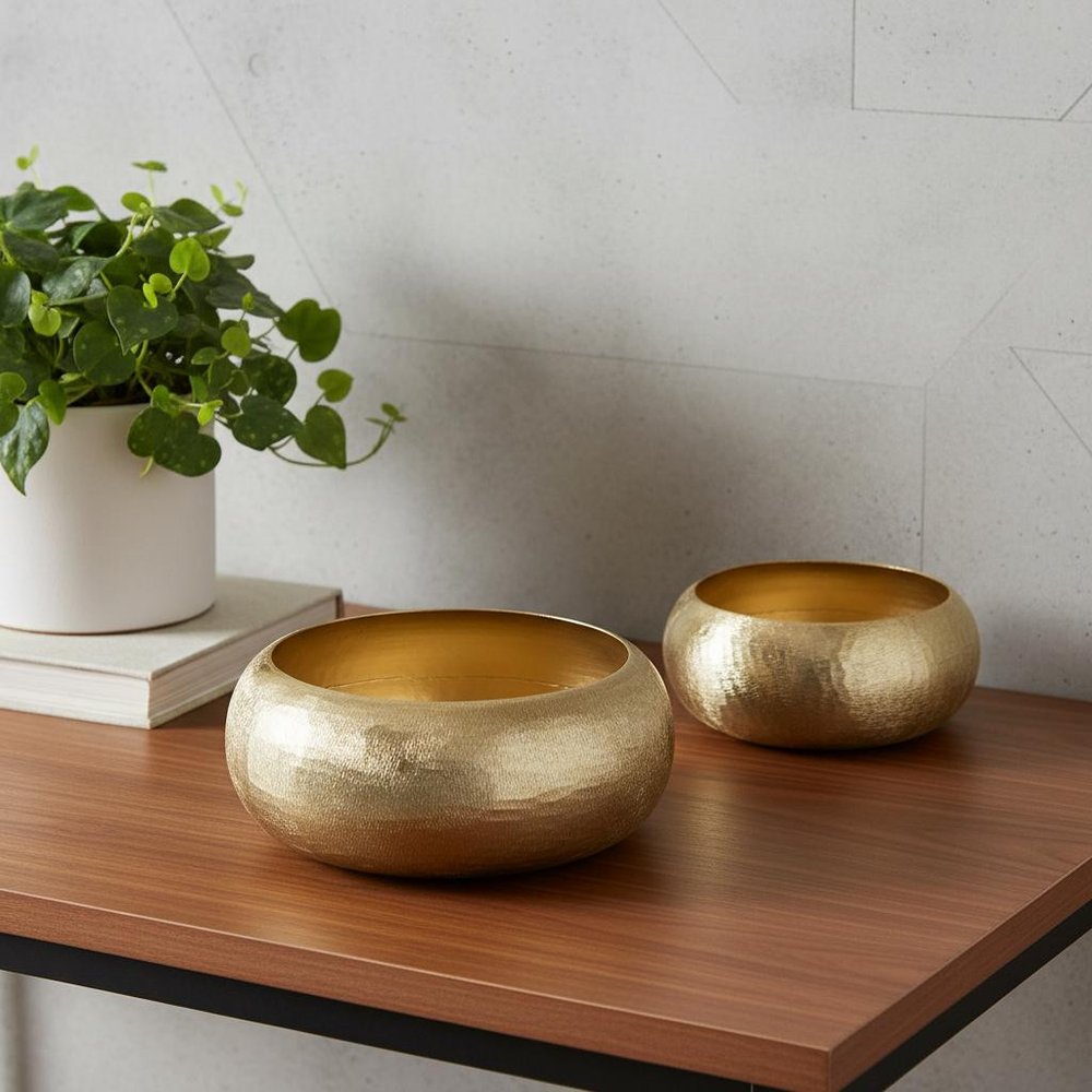 Set of Two Gold Aluminum Hammered Round Centerpiece Bowls HomeRoots