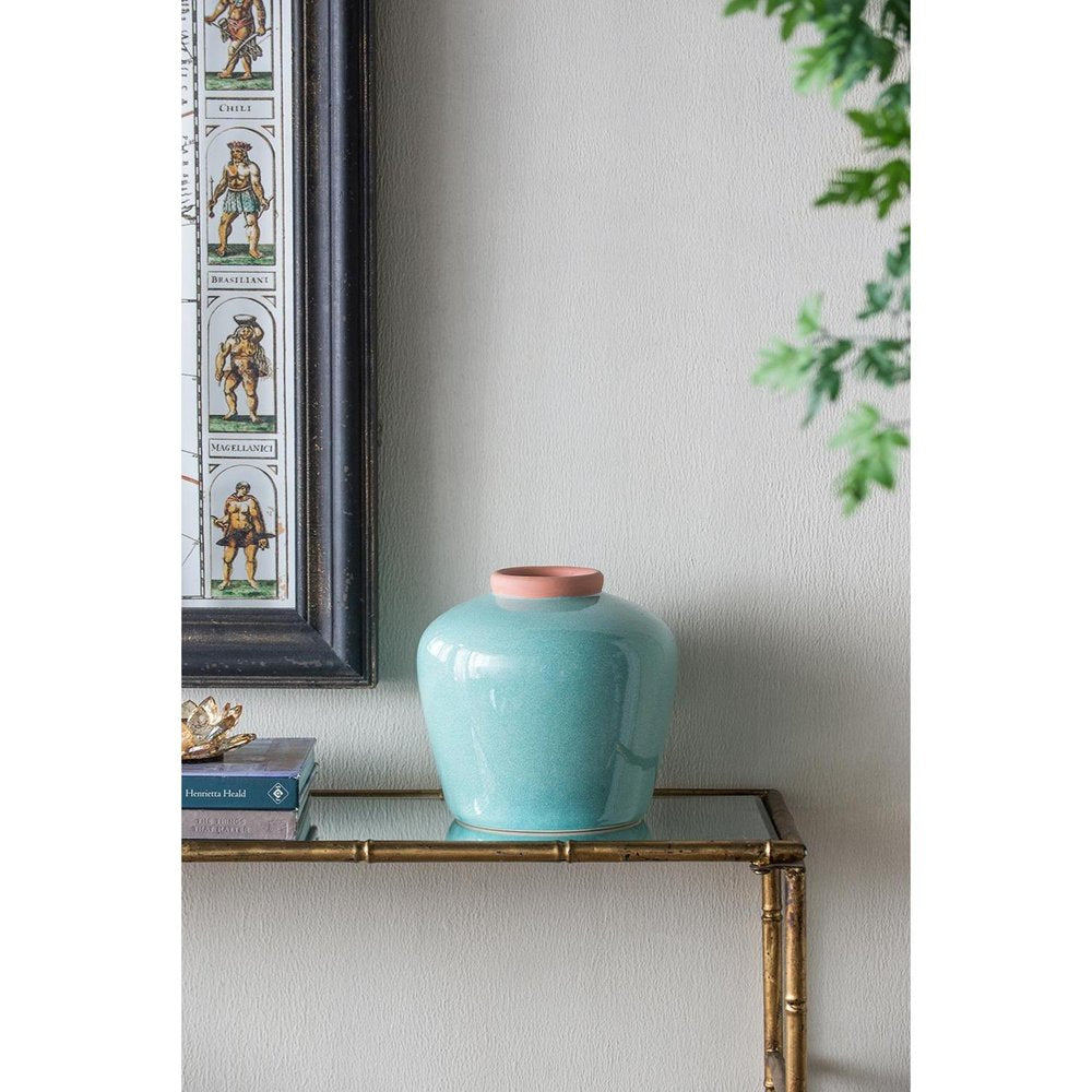 9" Natural And Teal Blue Ceramic Round Table Vase HomeRoots