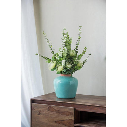 9" Natural And Teal Blue Ceramic Round Table Vase HomeRoots