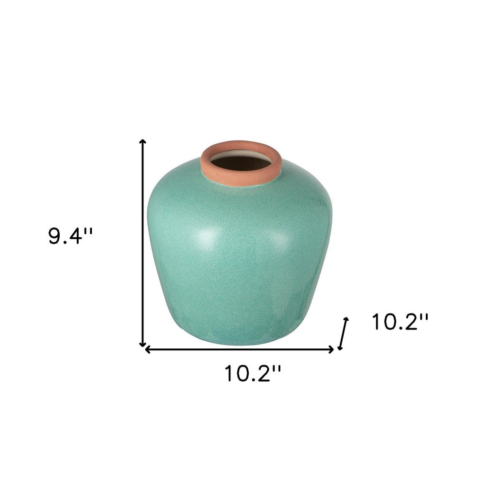 9" Natural And Teal Blue Ceramic Round Table Vase HomeRoots