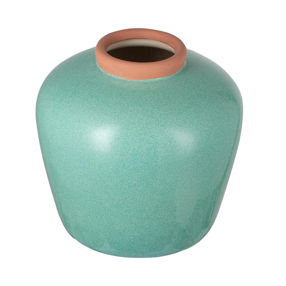9" Natural And Teal Blue Ceramic Round Table Vase HomeRoots