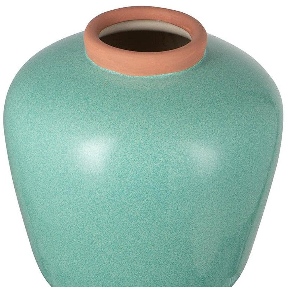 9" Natural And Teal Blue Ceramic Round Table Vase HomeRoots