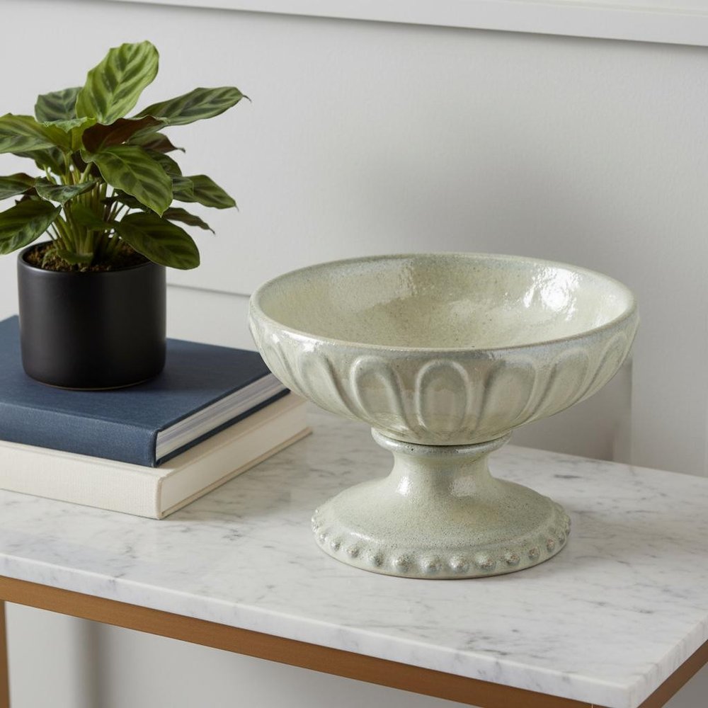 10" Gray Ceramic Round Pedestal Centerpiece Bowl HomeRoots