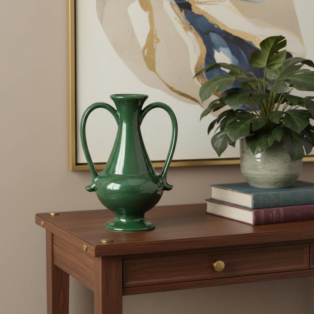 10" Hunter Green Ceramic Amphora Table Vase HomeRoots