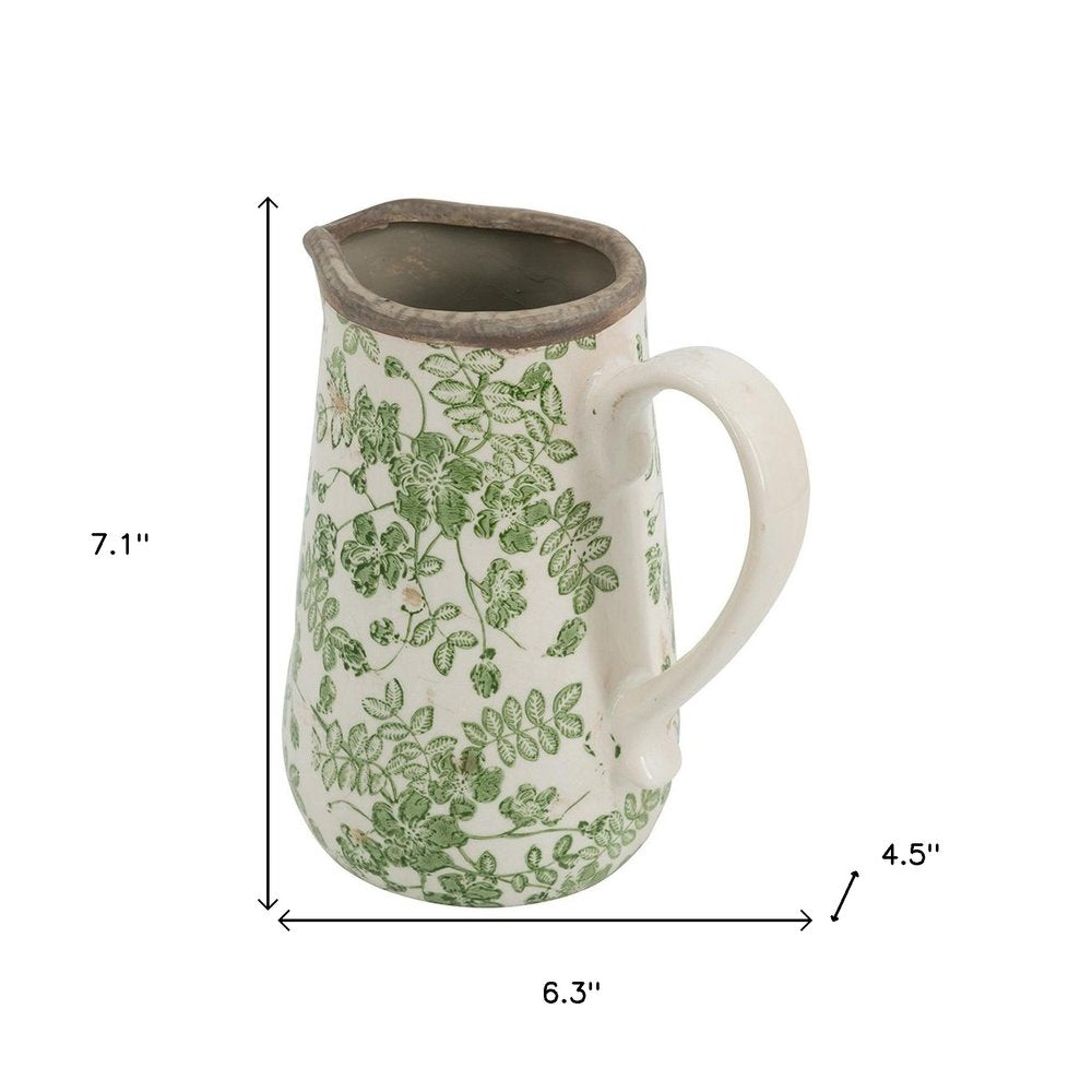 7" Green And White Leaf Ceramic Round Jug Vase HomeRoots