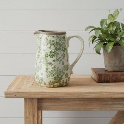 7" Green And White Leaf Ceramic Round Jug Vase HomeRoots