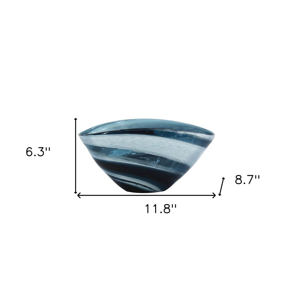 12" Blue And White Glass Swirl Stripe Oval Centerpiece Bowl HomeRoots