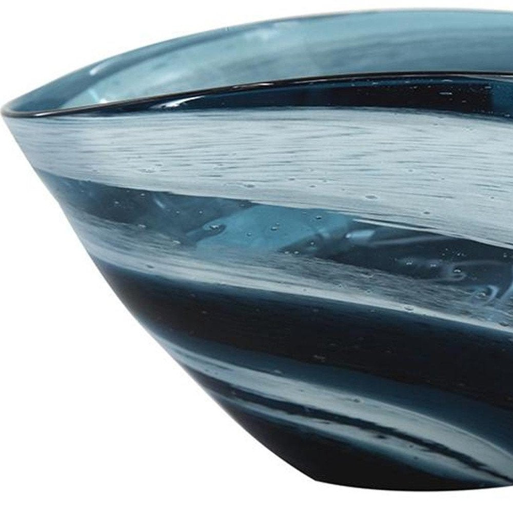 12" Blue And White Glass Swirl Stripe Oval Centerpiece Bowl HomeRoots