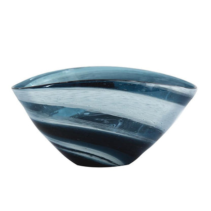 12" Blue And White Glass Swirl Stripe Oval Centerpiece Bowl HomeRoots