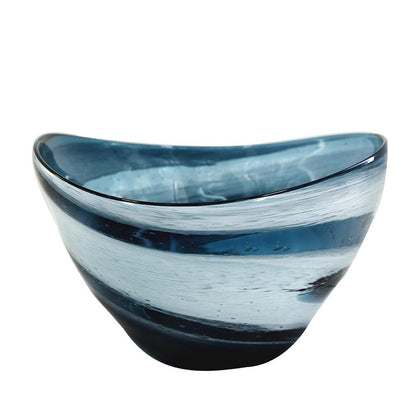 12" Blue And White Glass Swirl Stripe Oval Centerpiece Bowl HomeRoots