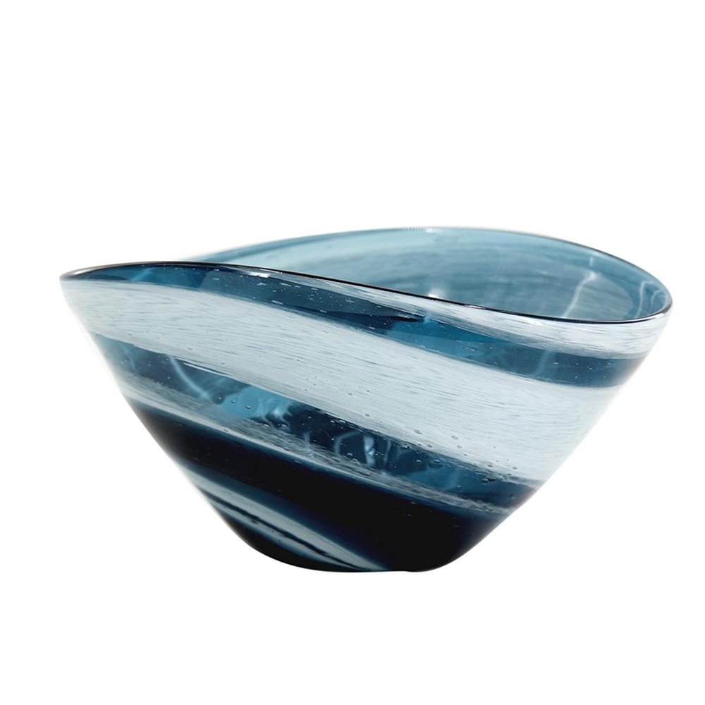 12" Blue And White Glass Swirl Stripe Oval Centerpiece Bowl HomeRoots