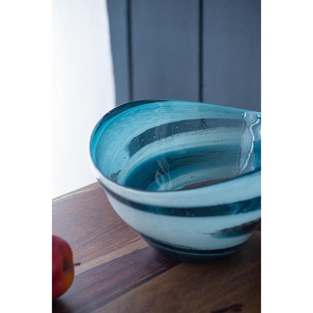 12" Blue And White Glass Swirl Stripe Oval Centerpiece Bowl HomeRoots
