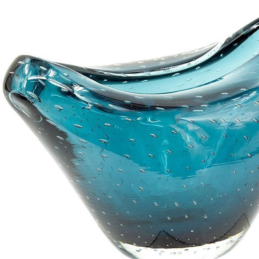 11" Turquoise Glass Wavy Edge Oval Centerpiece Bowl HomeRoots