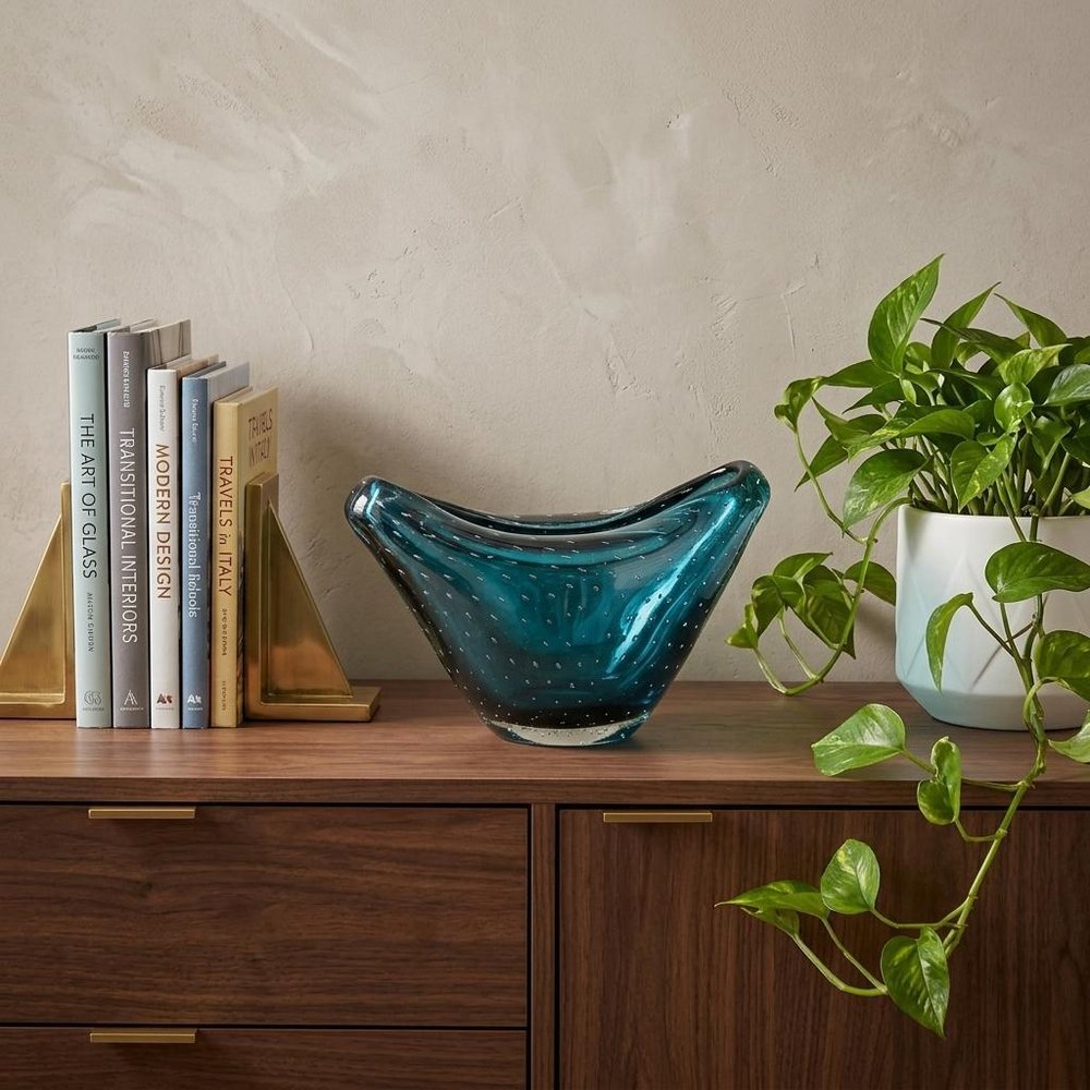 11" Turquoise Glass Wavy Edge Oval Centerpiece Bowl HomeRoots