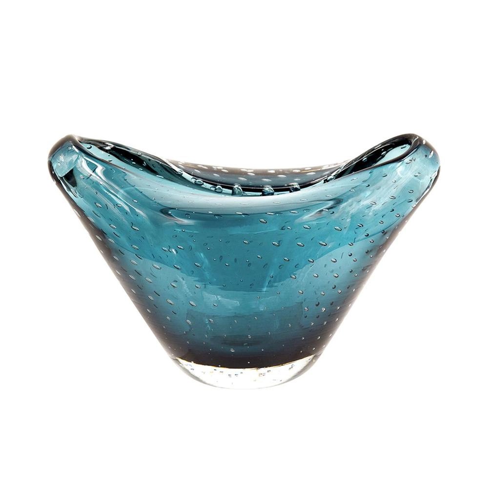 11" Turquoise Glass Wavy Edge Oval Centerpiece Bowl HomeRoots