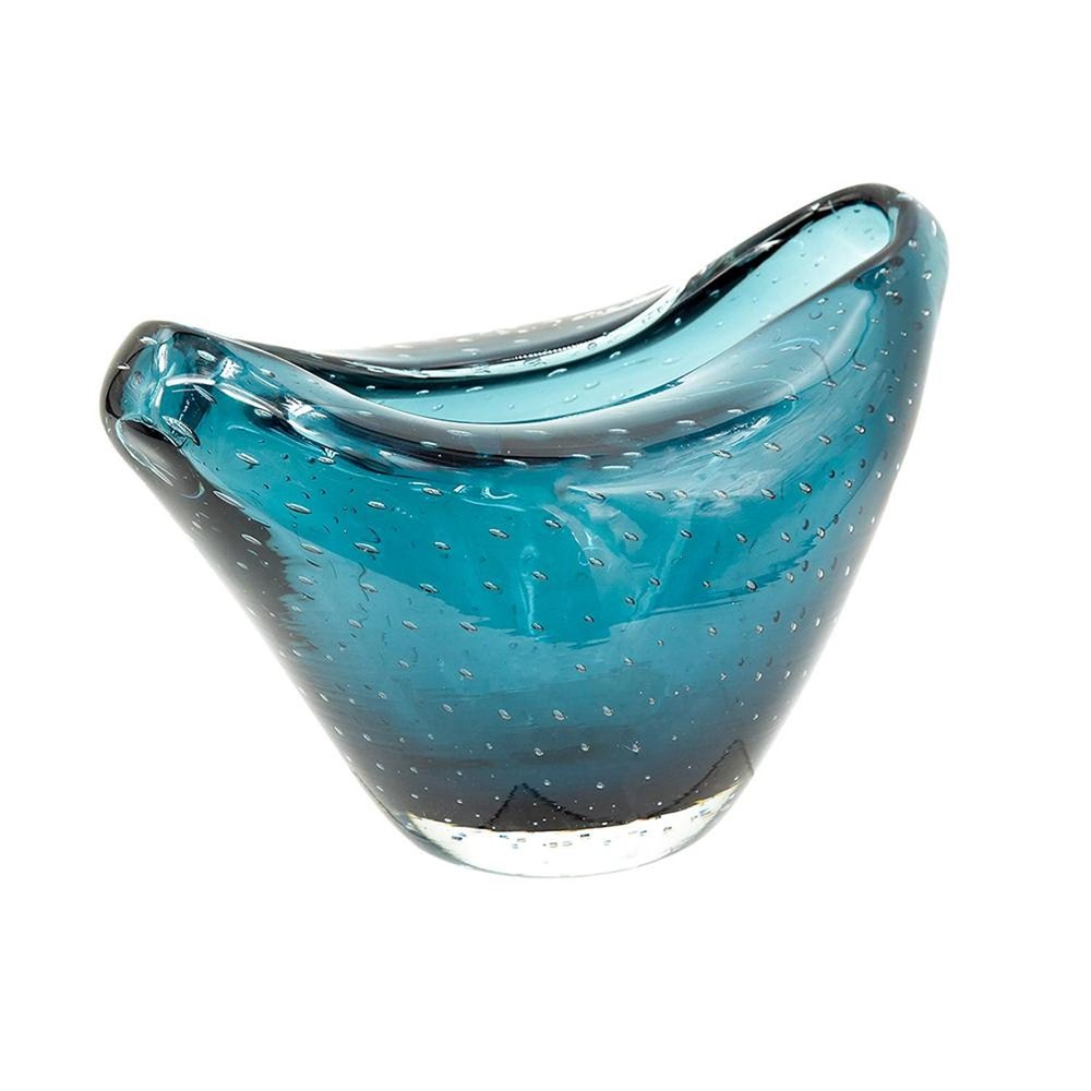 11" Turquoise Glass Wavy Edge Oval Centerpiece Bowl HomeRoots