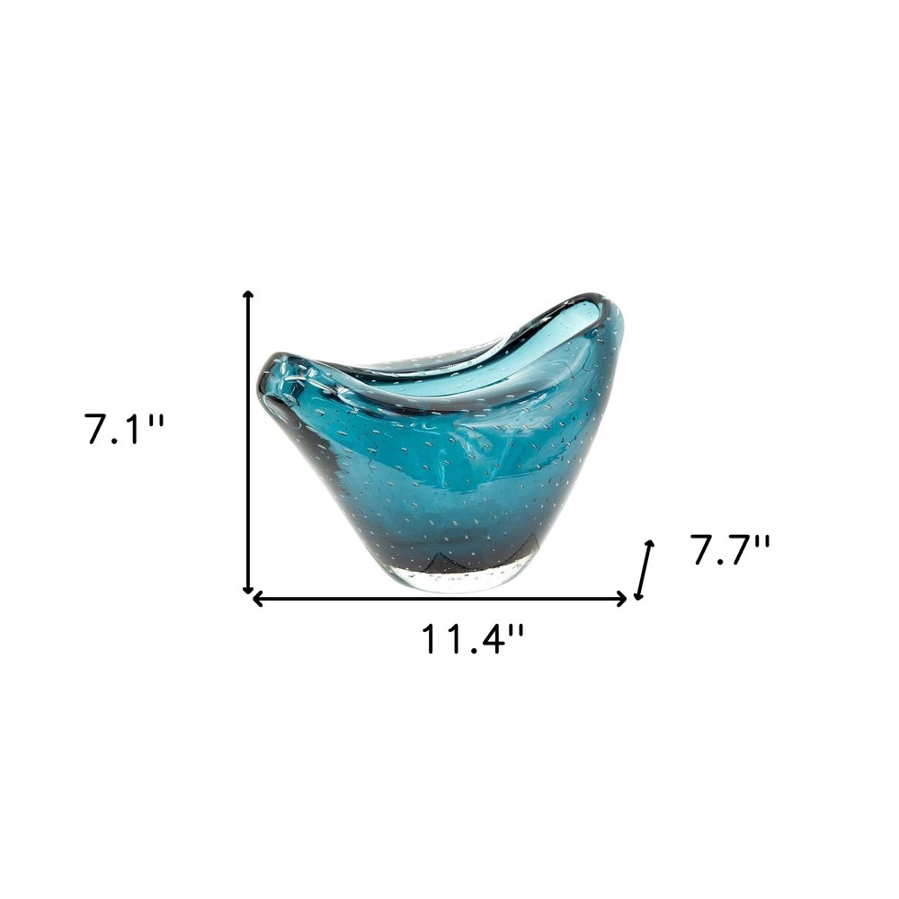 11" Turquoise Glass Wavy Edge Oval Centerpiece Bowl HomeRoots