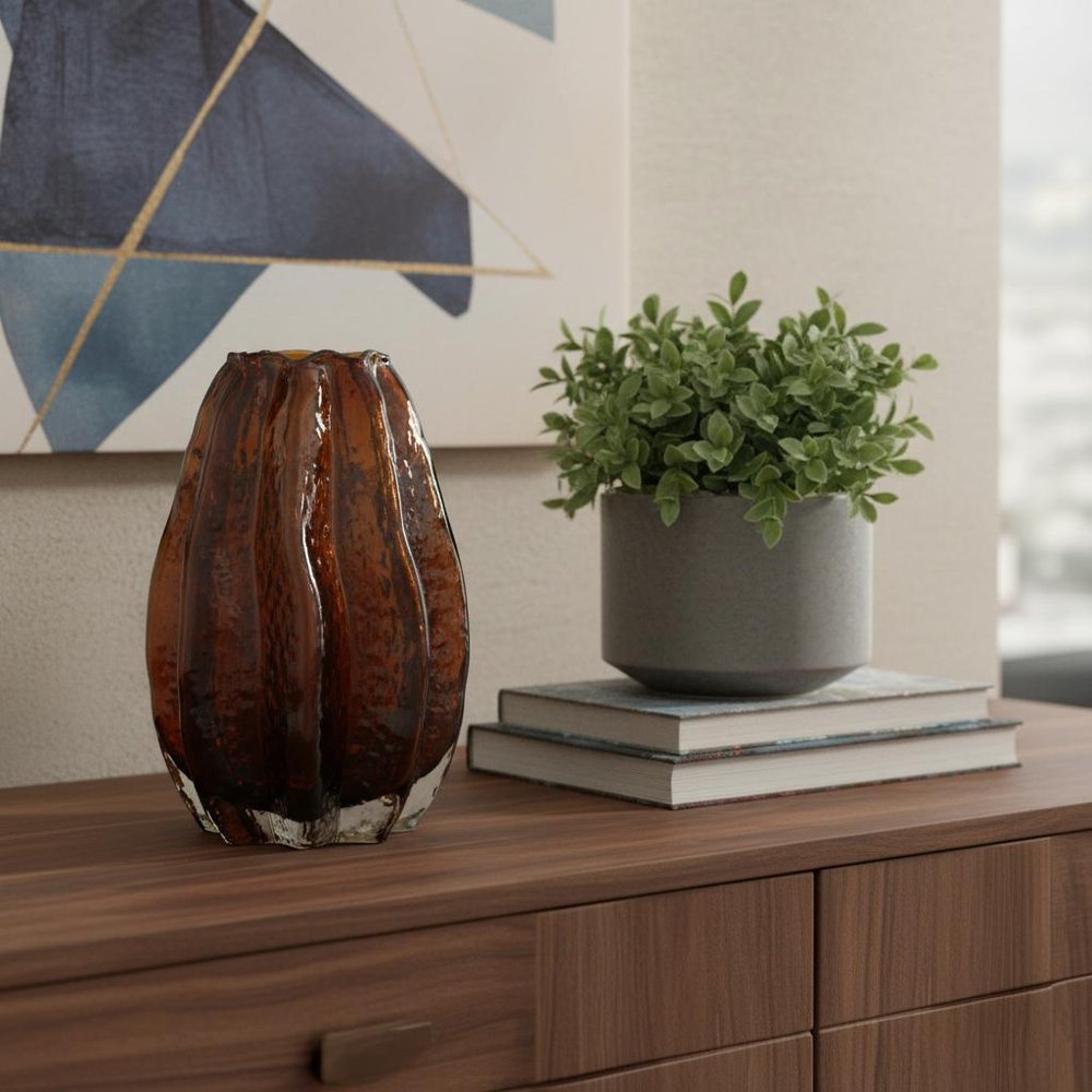 8" Burnt Umber And Black Glass Textured Wavy Table Vase HomeRoots
