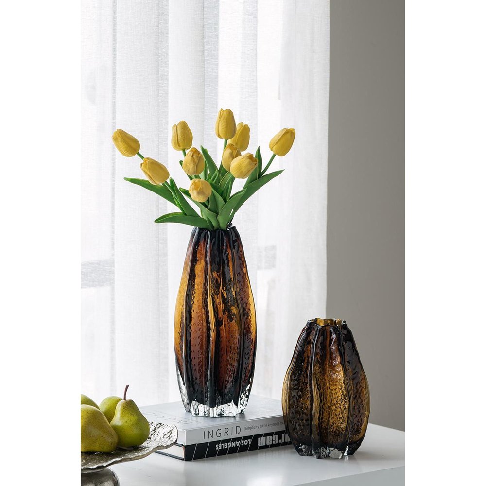 8" Burnt Umber And Black Glass Textured Wavy Table Vase HomeRoots