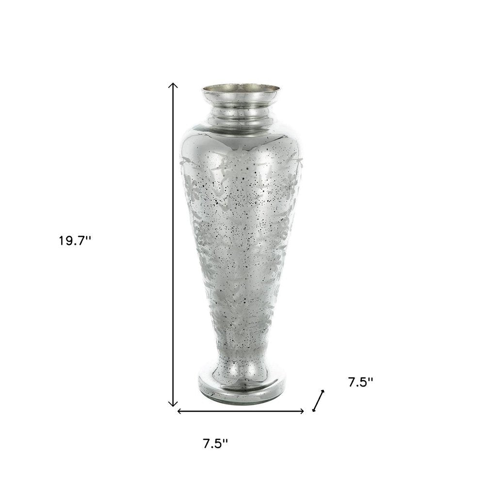 20" Antiqued Silver Etched Floral Glass Round Table Vase HomeRoots