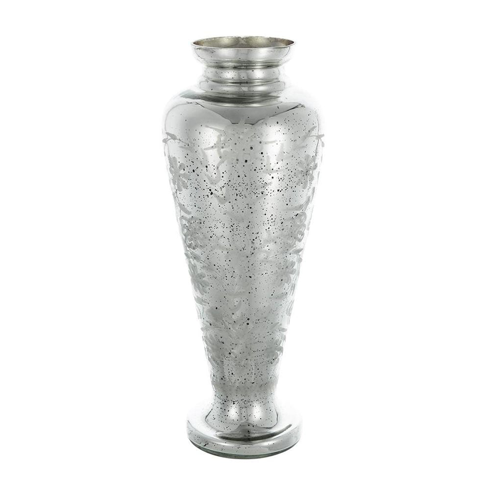 20" Antiqued Silver Etched Floral Glass Round Table Vase HomeRoots