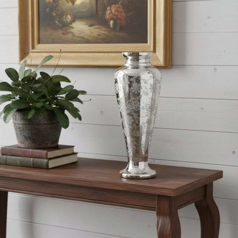 20" Antiqued Silver Etched Floral Glass Round Table Vase HomeRoots