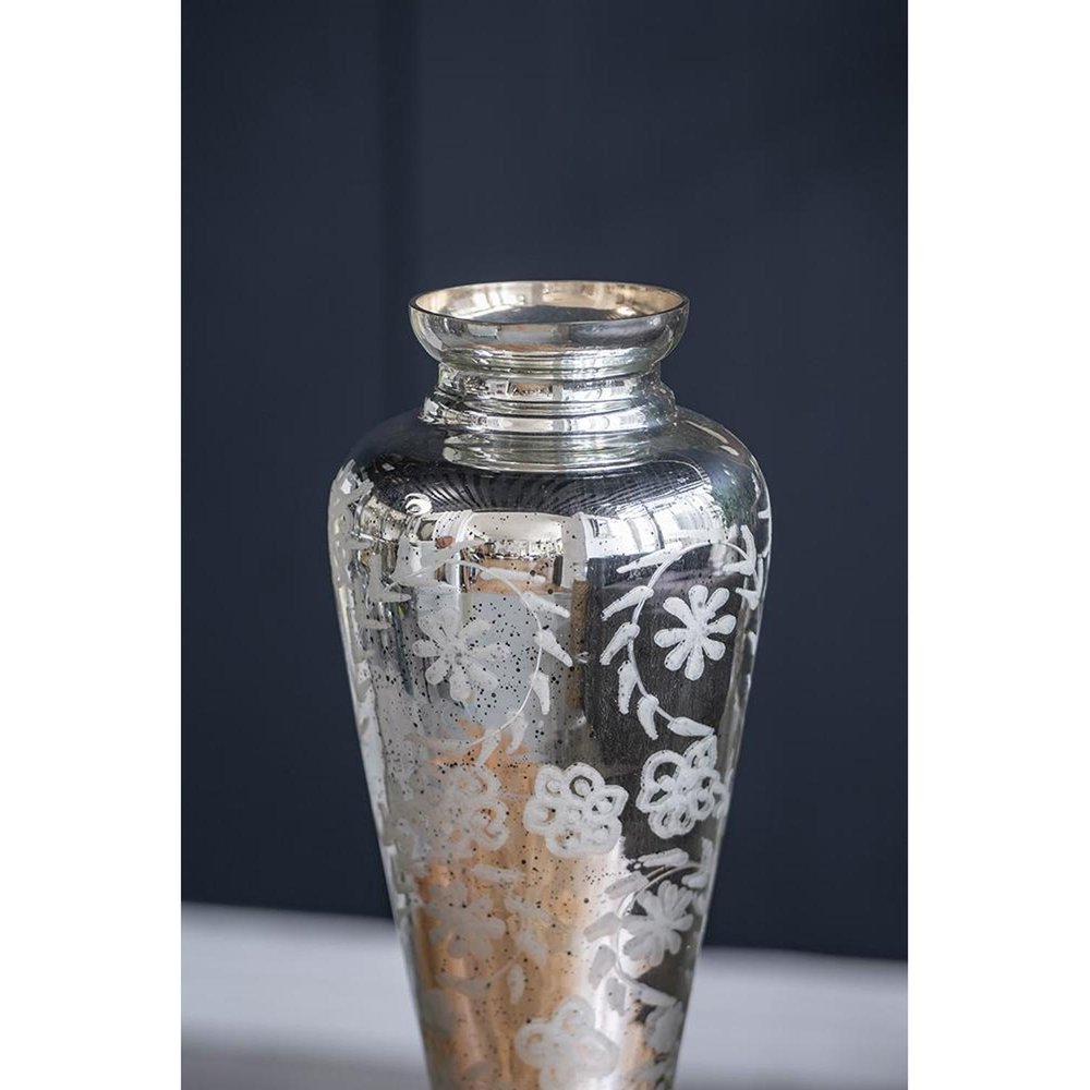 20" Antiqued Silver Etched Floral Glass Round Table Vase HomeRoots