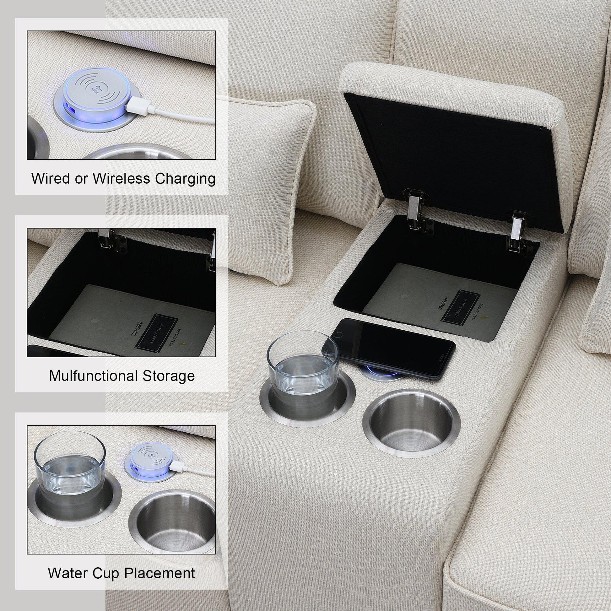 114.2" Upholstered Sofa with Console 2 Cupholders and 2 USB Ports Wired or Wirelessly Charged (4-Seat) - FurniFindUSA